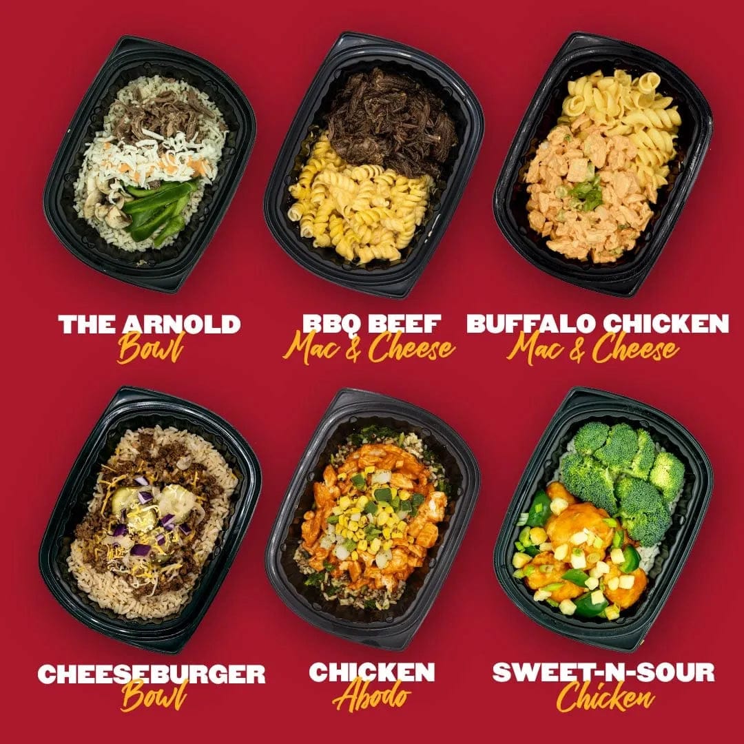 Clean Eatz Kitchen signature meals including The Arnold Bowl, BBQ Beef Mac & Cheese, Buffalo Chicken Mac & Cheese, Cheeseburger Bowl, Chicken Adobo, and Sweet-N-Sour Chicken. Delicious, calorie-conscious meals for healthy lifestyles.