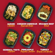 Clean Eatz Kitchen Chef’s Best Bowls including Aussie Chicken, Chicken Cheddar Broccoli Bake, Braised Beef Bowl, General Tso’s Chicken, Pineapple Teriyaki Chicken, and Turkey Burnt End Nachos. A variety of delicious, balanced meals for meal delivery.