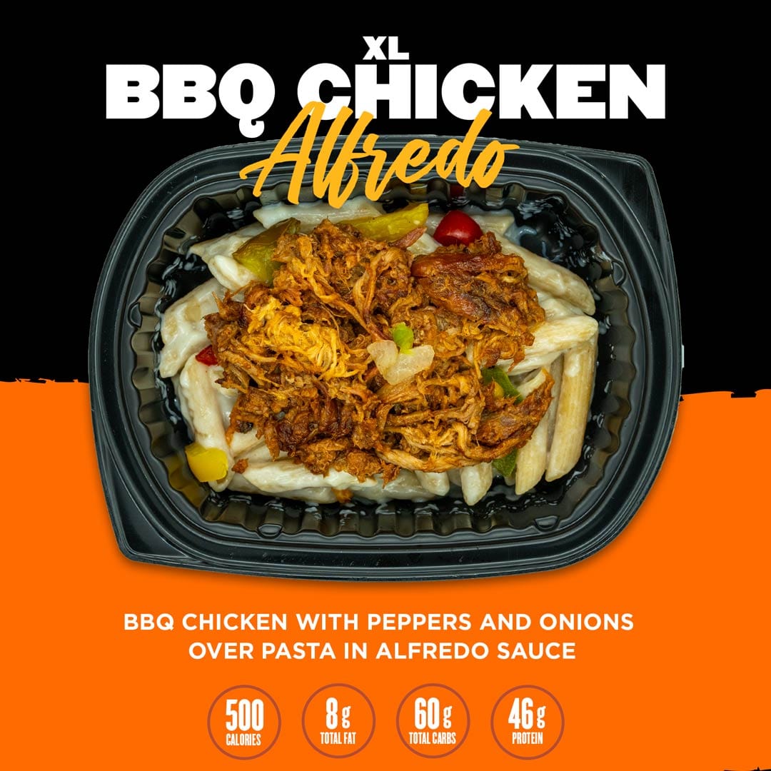 XL BBQ Chicken Alfredo from Clean Eatz Kitchen featuring BBQ chicken with peppers, onions, and pasta in creamy Alfredo sauce. A delicious high-protein, healthy meal option delivered to your door.