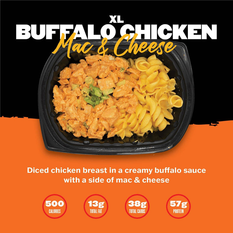 XL Buffalo Chicken Mac & Cheese with creamy pasta and diced chicken breast from Clean Eatz Kitchen. Indulgent yet nutritious meal option.
