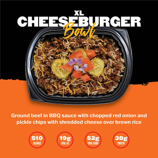 XL Cheeseburger Bowl from Clean Eatz Kitchen with BBQ beef, shredded cheese, and pickles over brown rice. Perfect for high-protein meal prep.
