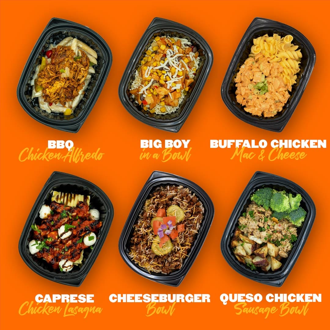 Assortment of Clean Eatz Kitchen XL bowls including Cheeseburger Bowl, Big Boy in a Bowl, and Buffalo Chicken Mac & Cheese. Healthy ready-to-eat meals.
