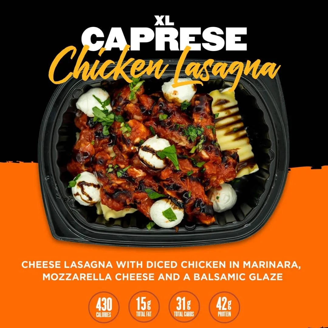 XL Caprese Chicken Lasagna meal from Clean Eatz Kitchen featuring cheese lasagna with diced chicken in marinara, mozzarella cheese, and balsamic glaze. High-protein and calorie-controlled healthy meal delivery option.