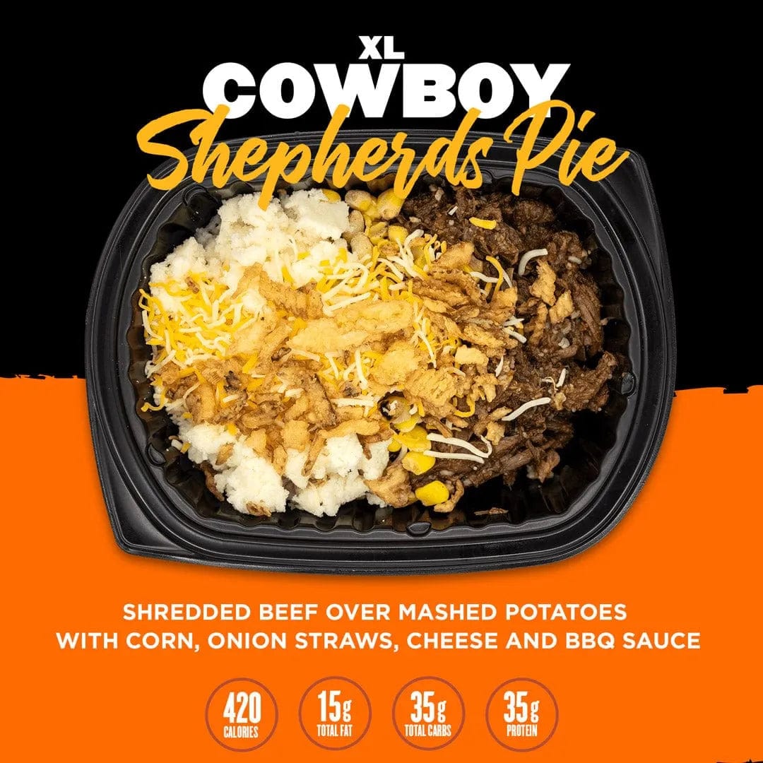 A larger portion of shredded beef over mashed potatoes, topped with corn, onion straws, cheese, and BBQ sauce. Includes nutritional information: 420 calories, 15g total fat, 35g total carbs, and 35g protein.