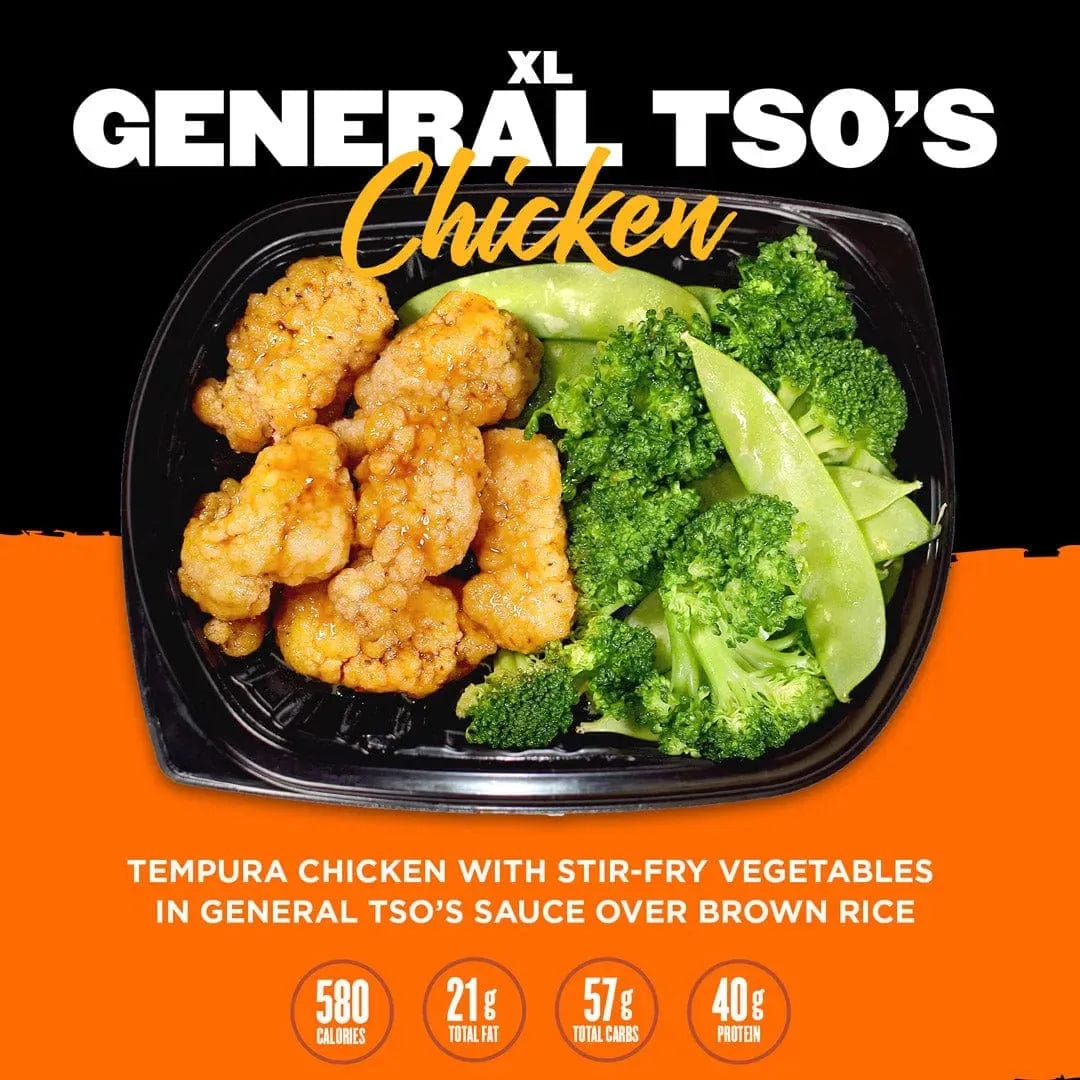 A larger portion of tempura chicken with stir-fry vegetables in General Tso's sauce, served over brown rice. Includes nutritional information: 580 calories, 21g total fat, 57g total carbs, and 40g protein