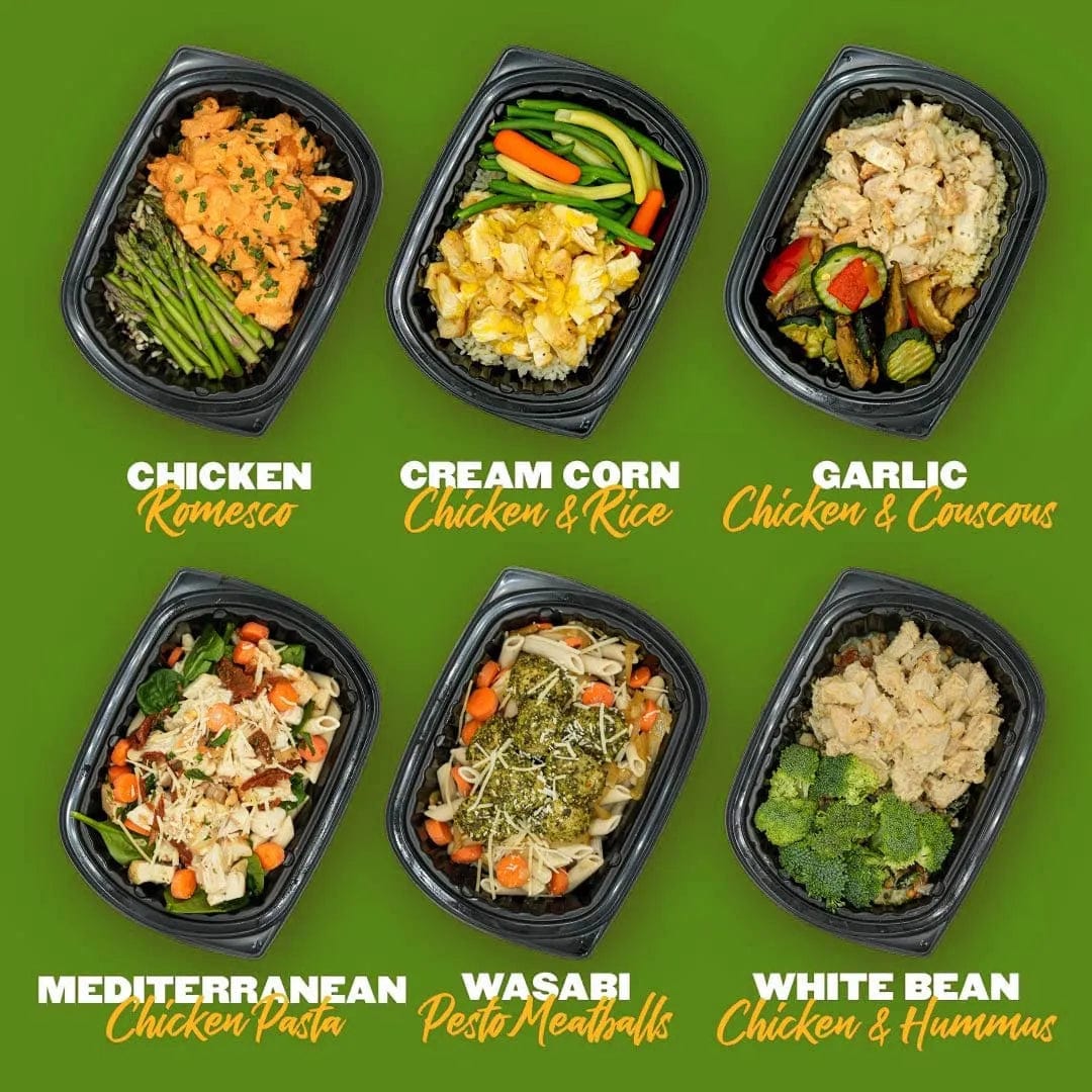 Collection of six healthy pre-packaged Clean Eatz Kitchen meals, including Chicken Romesco, Cream Corn Chicken & Rice, Garlic Chicken & Couscous, Mediterranean Chicken Pasta, Wasabi Pesto Meatballs, and White Bean Chicken & Hummus. Perfect for meal prep and clean eating.