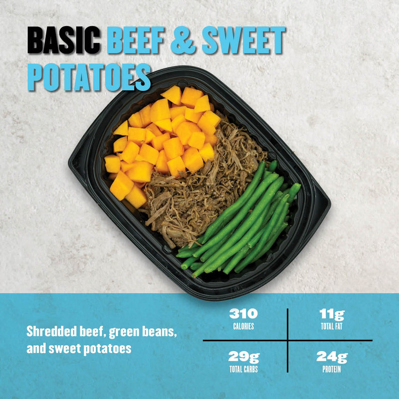 Healthy meal with shredded beef, green beans, and diced sweet potatoes. High-protein and balanced for clean eating.