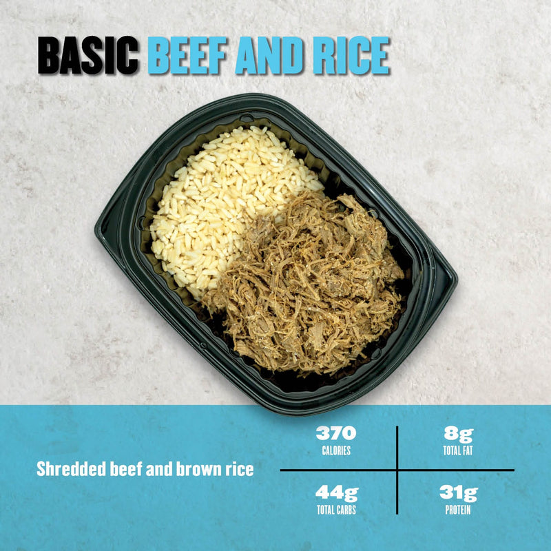 Shredded beef paired with brown rice for a lean, muscle-building meal. A great clean-eating choice.