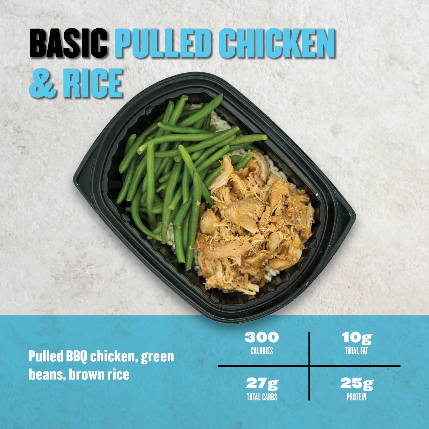 BBQ pulled chicken with green beans and brown rice. A balanced and delicious meal prep option.