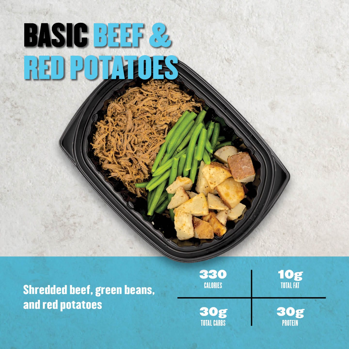 Protein-packed meal featuring shredded beef, roasted red potatoes, and green beans. A nutritious and satisfying option.