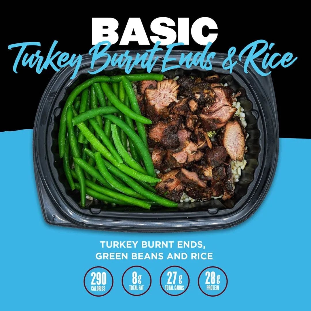 Basic Turkey Burnt Ends & Rice from Clean Eatz Kitchen featuring smoked turkey burnt ends, green beans, and rice. A hearty, high-protein meal perfect for a healthy lifestyle.