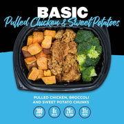 Basic Pulled Chicken & Sweet Potatoes from Clean Eatz Kitchen featuring tender pulled chicken, steamed broccoli, and sweet potato chunks. A balanced, high-protein meal for healthy eating.