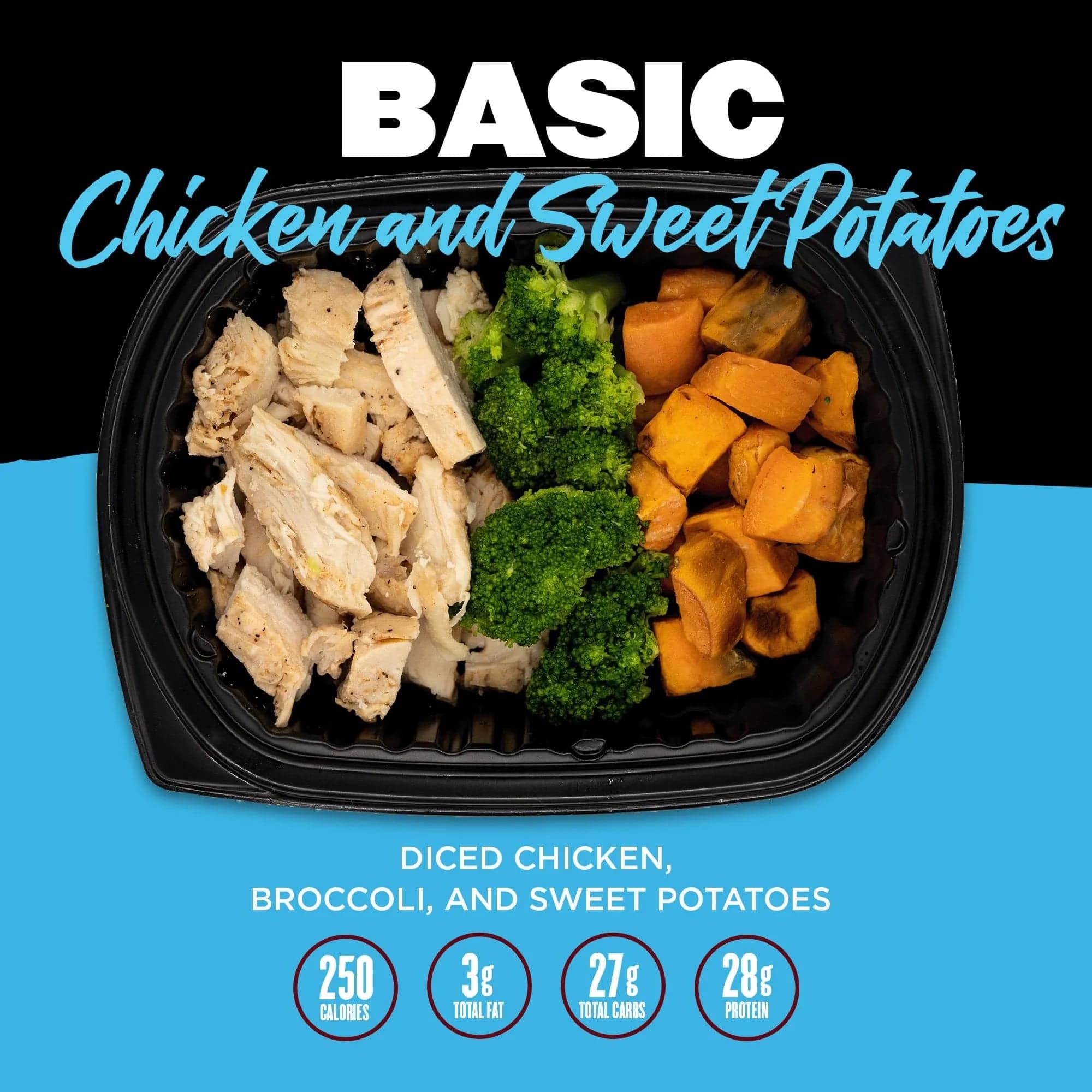 Basic Chicken and Sweet Potatoes meal from Clean Eatz Kitchen, featuring diced chicken, broccoli, and sweet potatoes, offering a wholesome, ready-to-eat option.