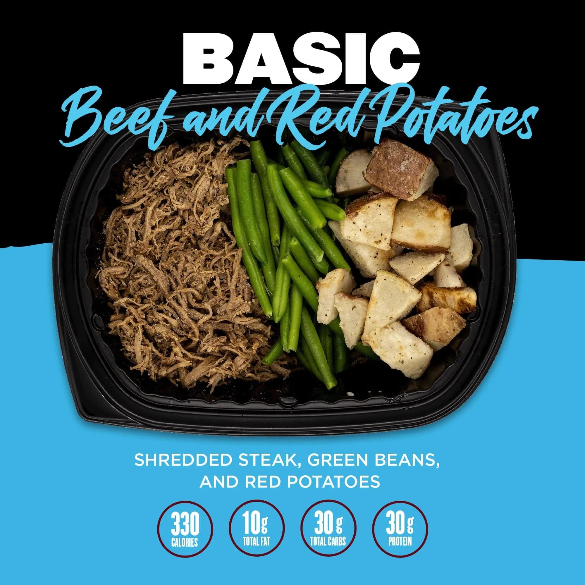 Close-up of the Basic Beef and Red Potatoes meal, showcasing shredded beef, green beans, and red potatoes, highlighting a balanced, nutritious option.