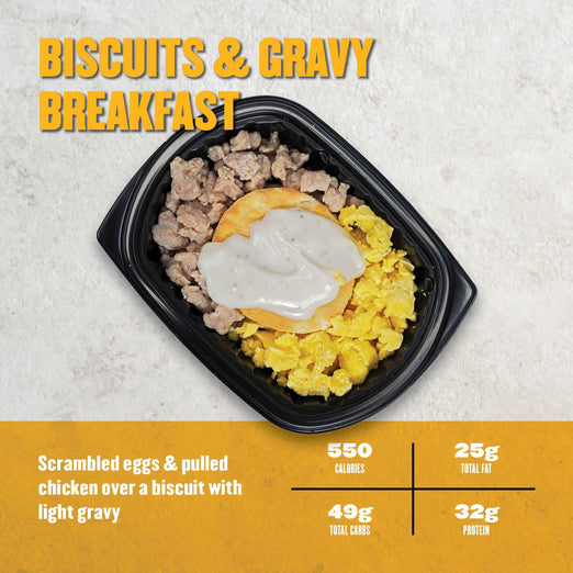 Wholesale Clean Eatz Kitchen biscuits and gravy breakfast with high-protein scrambled eggs and pulled chicken, ideal for bulk meal ordering.