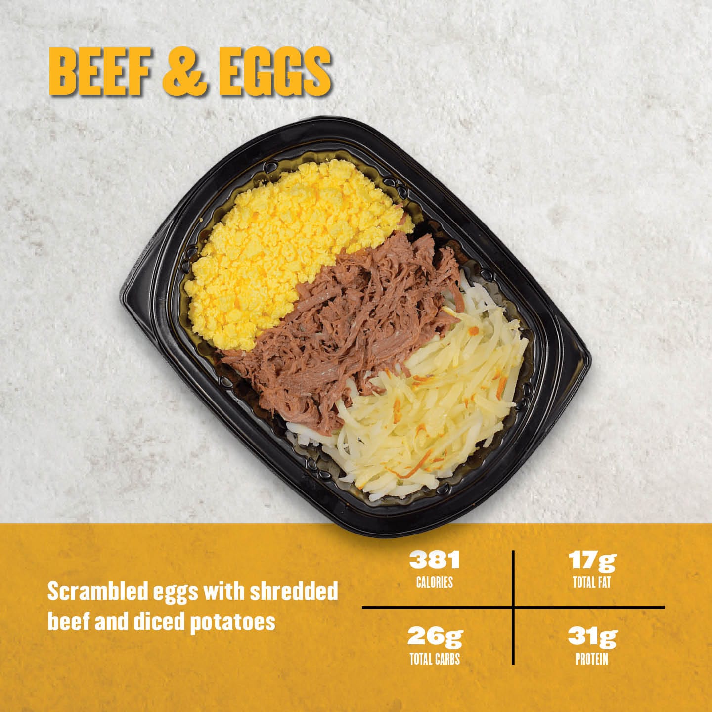 Scrambled eggs with shredded beef and diced potatoes. A high-protein breakfast meal.