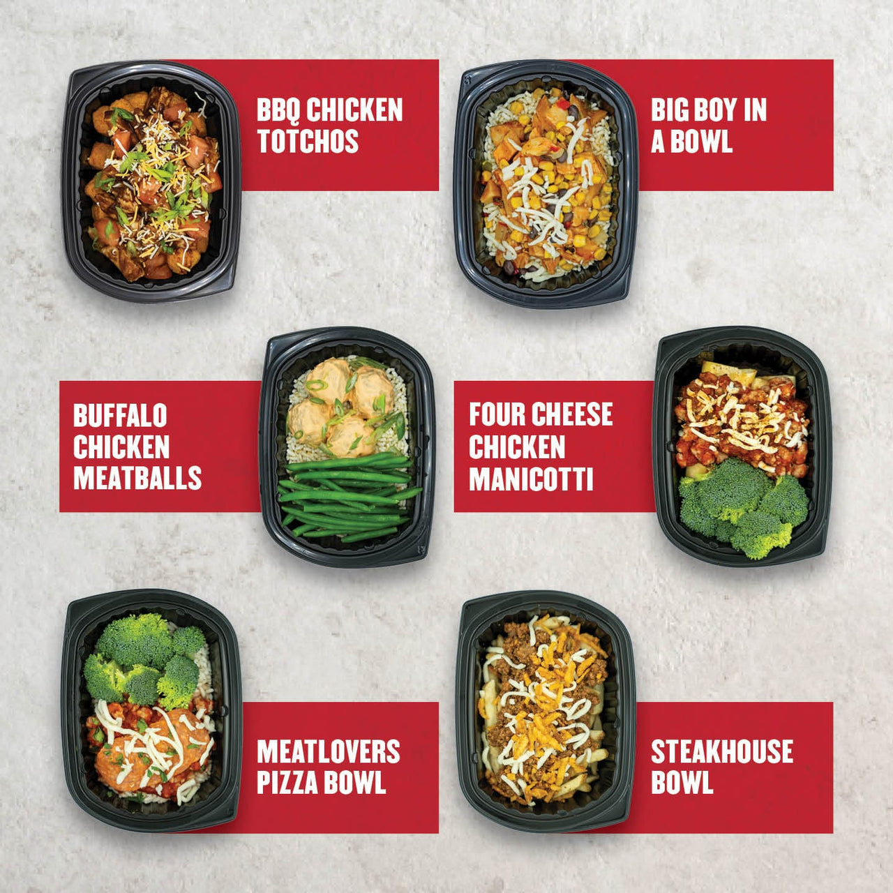 A variety of Clean Eatz Kitchen healthy meal options, such as BBQ chicken totchos, buffalo chicken meatballs, four cheese chicken manicotti, and steakhouse bowls, arranged in black meal containers.