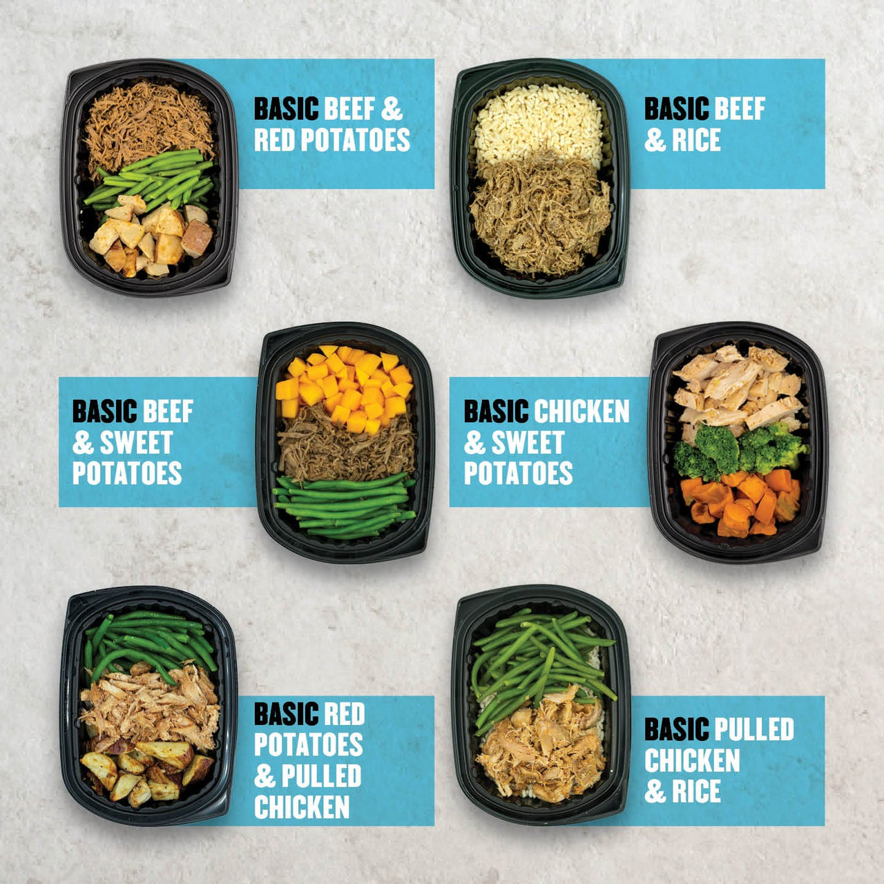 A collection of Clean Eatz Kitchen basic meal prep options, featuring protein-packed meals like pulled chicken, beef, rice, potatoes, and fresh vegetables in black meal containers.