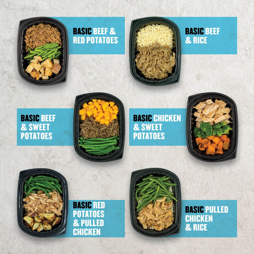 A collection of Clean Eatz Kitchen basic meal prep options, featuring protein-packed meals like pulled chicken, beef, rice, potatoes, and fresh vegetables in black meal containers.