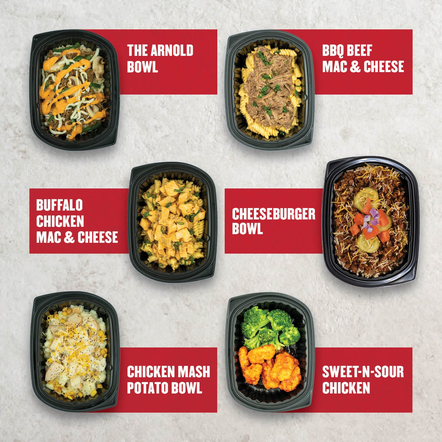 Best-selling meals from Clean Eatz Kitchen, featuring the Arnold Bowl, BBQ beef mac and cheese, buffalo chicken mac and cheese, cheeseburger bowl, and sweet-and-sour chicken, all served in black meal containers.