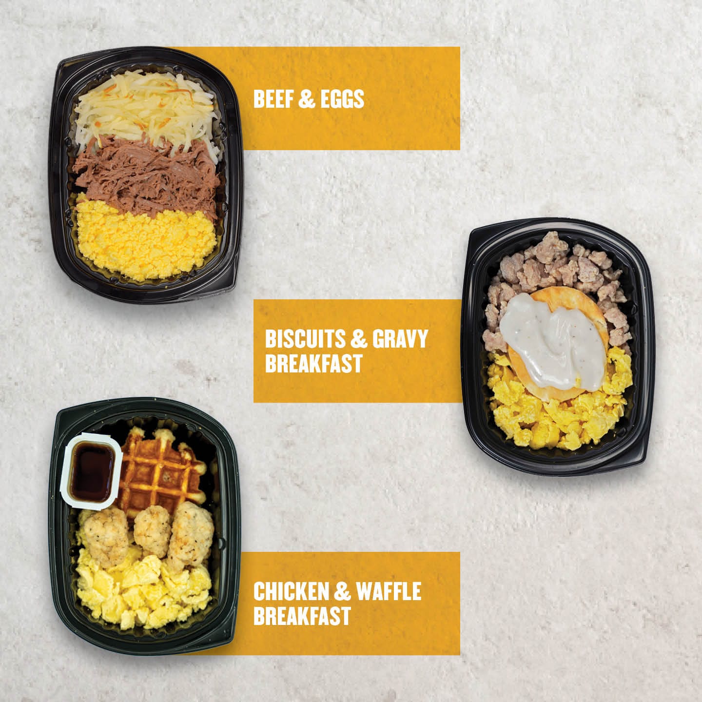 A variety of breakfast meal options from Clean Eatz Kitchen including Beef & Eggs with shredded beef, eggs, and hashbrowns; Buffalo Chicken Omelette with creamy buffalo chicken and tater tots; and Chicken & The Egg Bowl featuring diced chicken, scrambled eggs, and cheese. High-protein, calorie-conscious breakfast options for meal delivery.