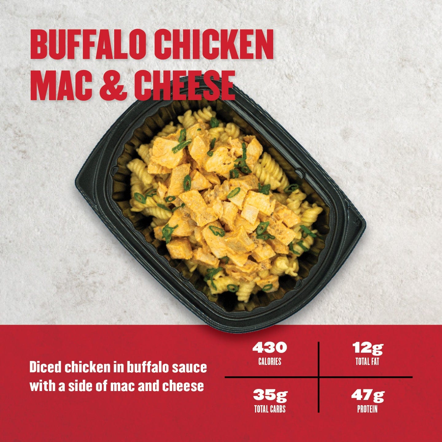 Clean Eatz Kitchen Buffalo Chicken Mac & Cheese with diced chicken in creamy buffalo sauce over mac & cheese. A high-protein, indulgent meal option.