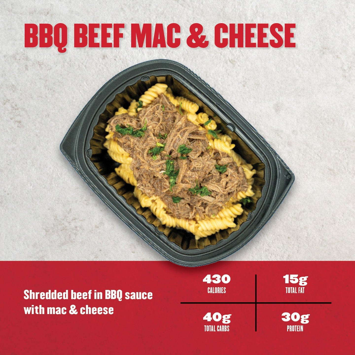  Shredded beef in BBQ sauce over creamy mac and cheese. A high-protein comfort food option.