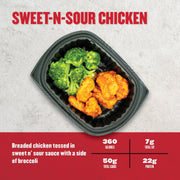 Clean Eatz Kitchen Sweet-N-Sour Chicken with breaded chicken in sweet & sour sauce and a side of steamed broccoli. A flavorful, protein-packed meal.