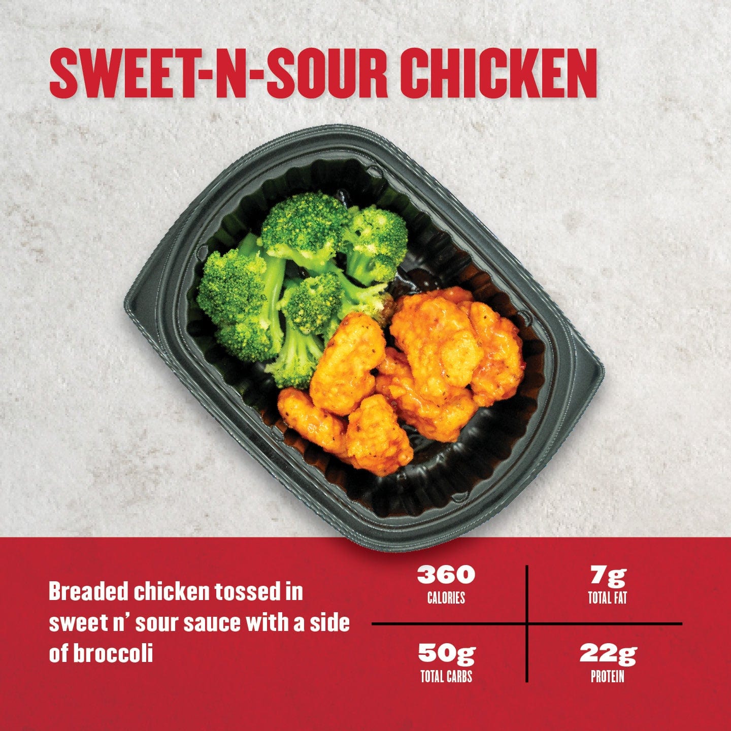 Clean Eatz Kitchen Sweet-N-Sour Chicken with breaded chicken in sweet & sour sauce and a side of steamed broccoli. A flavorful, protein-packed meal.