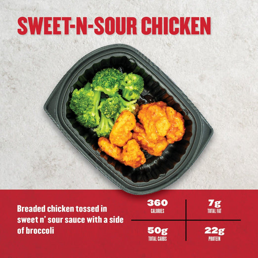 Clean Eatz Kitchen Sweet-N-Sour Chicken with breaded chicken in sweet & sour sauce and a side of steamed broccoli. A flavorful, protein-packed meal.