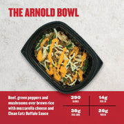 Clean Eatz Kitchen Arnold Bowl with shredded beef, green peppers, mushrooms, brown rice, mozzarella cheese, and Buffalo sauce. A high-protein, fitness-focused meal.