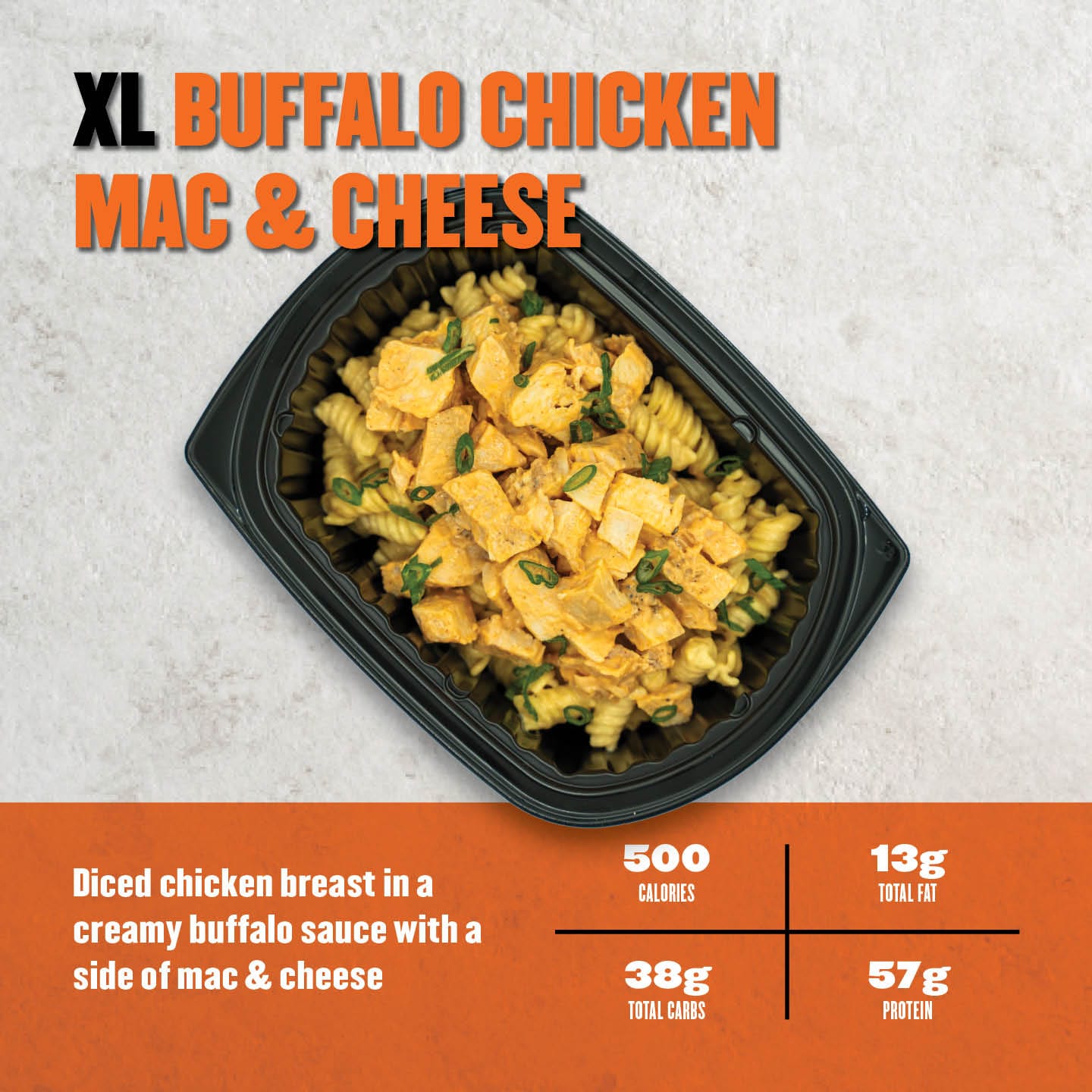 Clean Eatz Kitchen XL Buffalo Chicken Mac & Cheese with diced chicken in creamy buffalo sauce over mac & cheese. A high-protein, indulgent meal option.