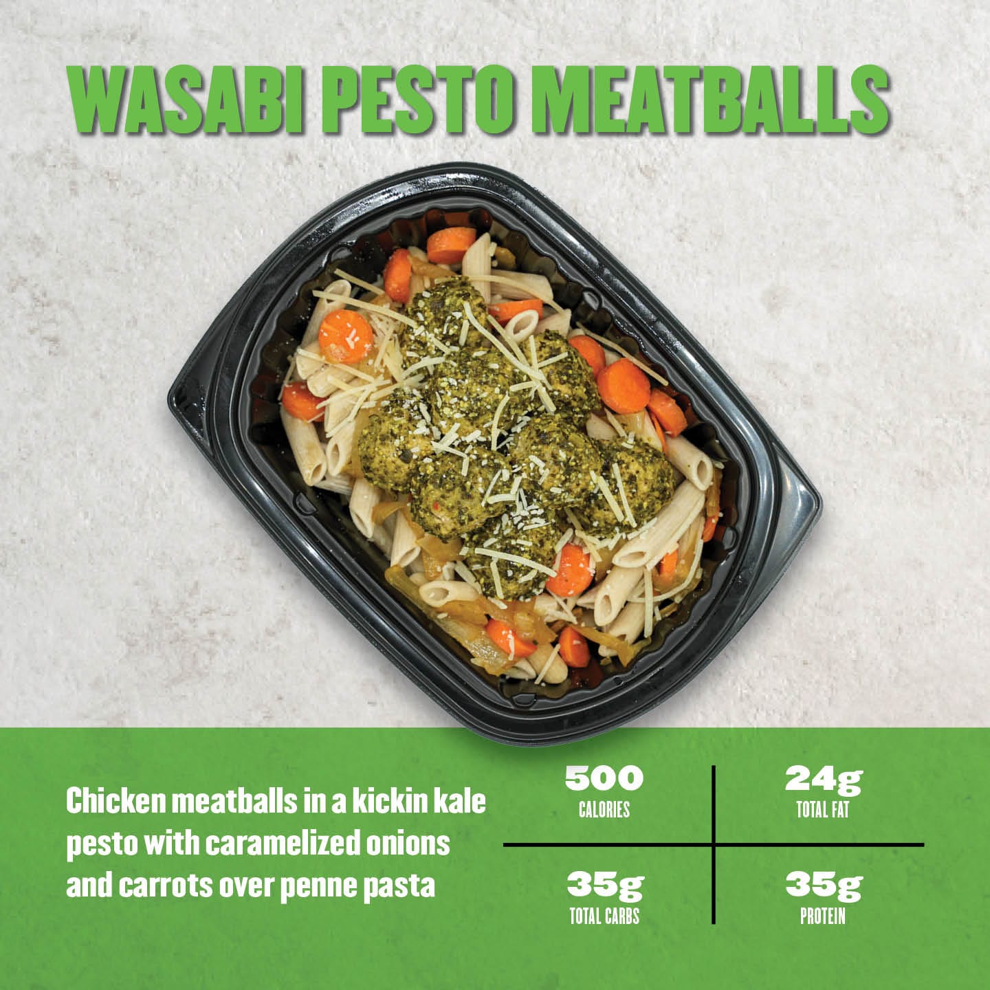 Clean Eatz Kitchen Wasabi Pesto Meatballs with chicken meatballs in kale pesto sauce, caramelized onions, and carrots over penne pasta. A bold, high-protein meal.