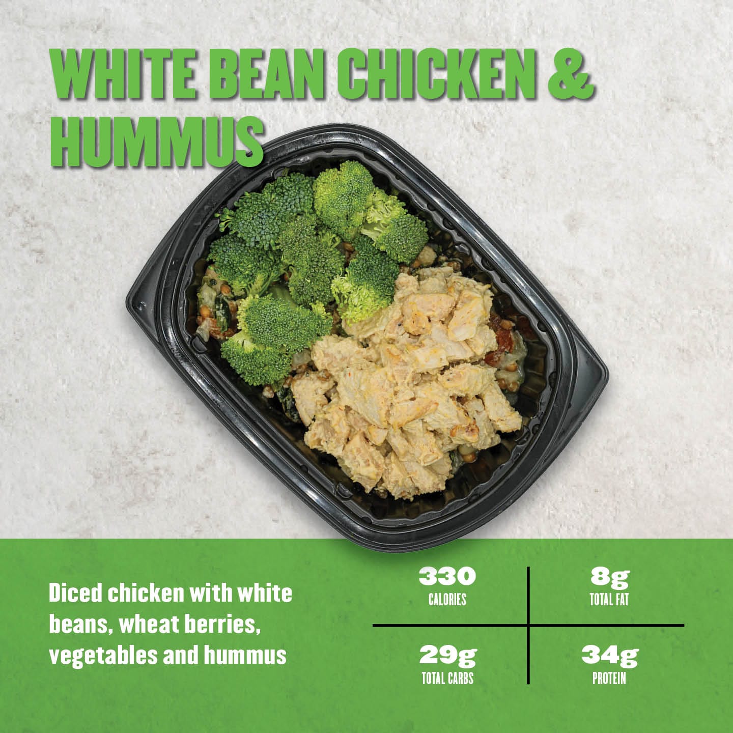 Clean Eatz Kitchen White Bean Chicken & Hummus with diced chicken, white beans, wheat berries, vegetables, and hummus. A high-protein, Mediterranean-inspired meal.