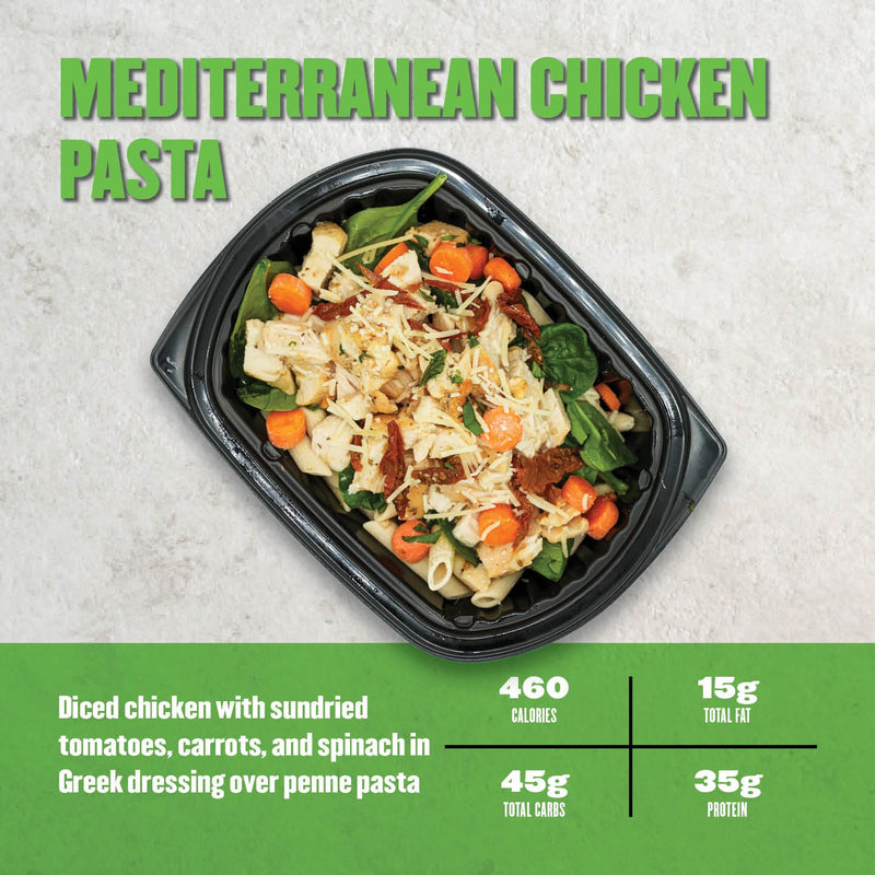 Clean Eatz Kitchen Mediterranean Chicken Pasta with diced chicken, sundried tomatoes, carrots, and spinach in Greek dressing over penne pasta. A flavorful, protein-packed meal.