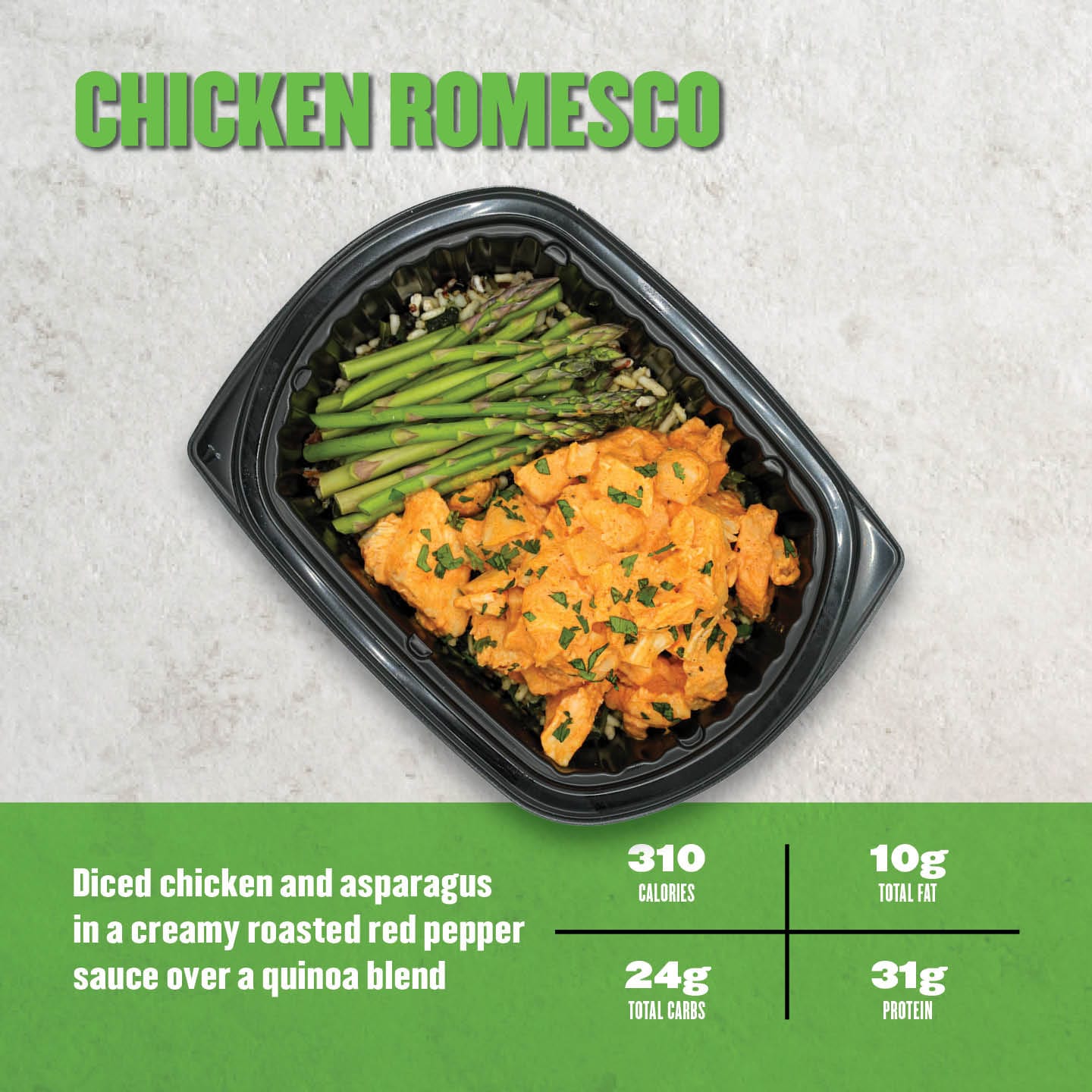 Clean Eatz Kitchen Chicken Romesco with diced chicken, asparagus, and a creamy roasted red pepper sauce over quinoa blend. High-protein, gluten-friendly meal.