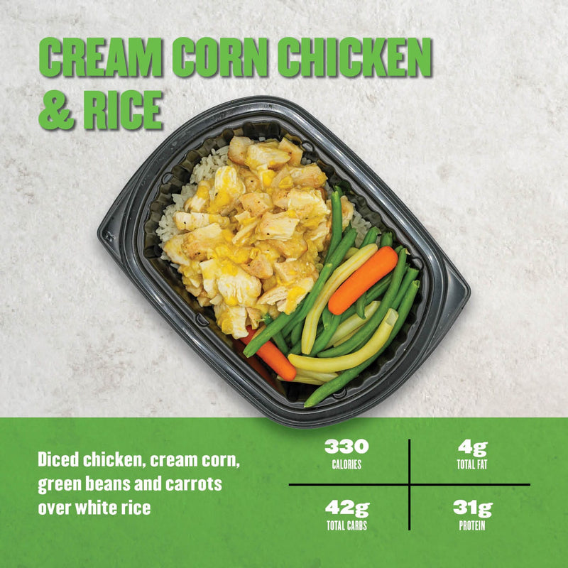 Clean Eatz Kitchen Cream Corn Chicken & Rice with diced chicken, creamy corn, green beans, carrots, and white rice. Wholesome and nutritious meal.