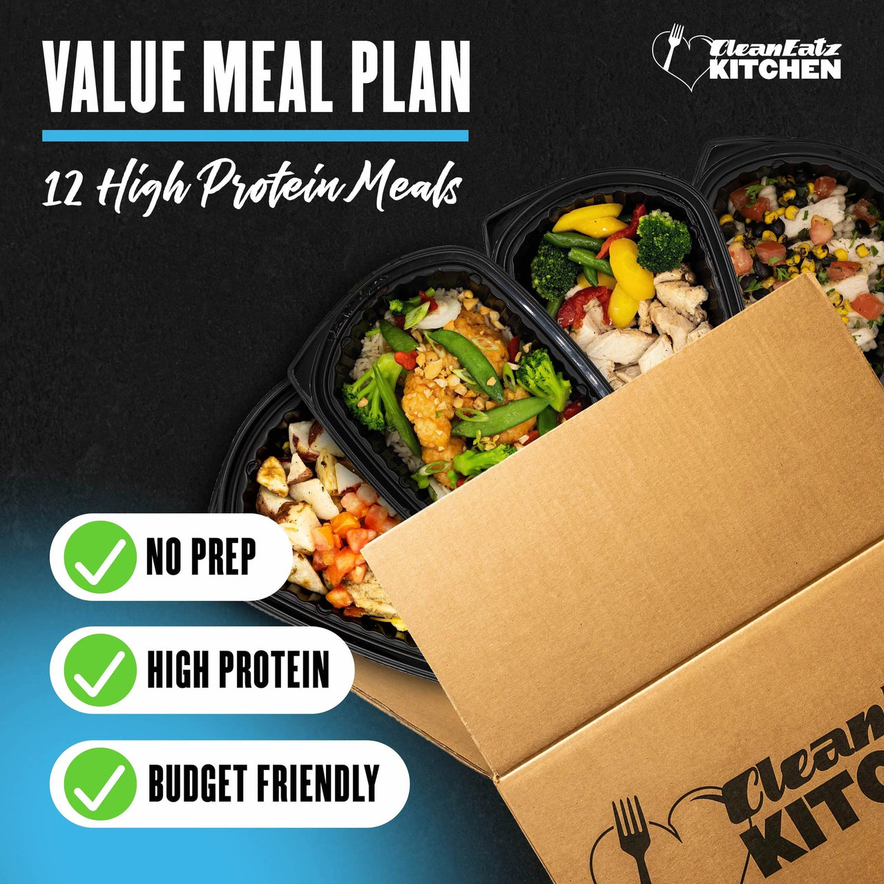 Clean Eatz Kitchen Value Meal Plan Delivery box displayed on a kitchen counter, featuring a selection of 12 healthy, prepared meals designed for weight loss and balanced nutrition.