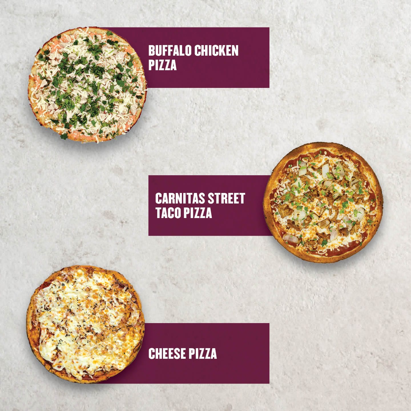 A selection of high-protein pizzas from Clean Eatz Kitchen, including Buffalo Chicken Pizza topped with shredded chicken, cheese, and herbs; Carnitas Street Taco Pizza featuring seasoned pork, onions, and cilantro; and a classic Cheese Pizza with a golden, bubbly cheese topping on a crisp crust.