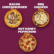 Clean Eatz Kitchen pizza assortment featuring Bacon Cheeseburger, BBQ Chicken, and Hot Honey Pepperoni pizzas. Healthy cauliflower crust meal options.
